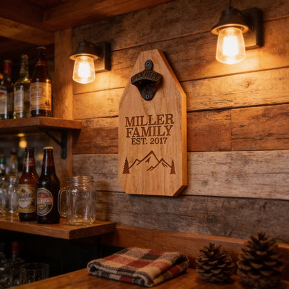 a rustic wooden wall with a wooden beer opener and a shelf displaying various bottles of beer.