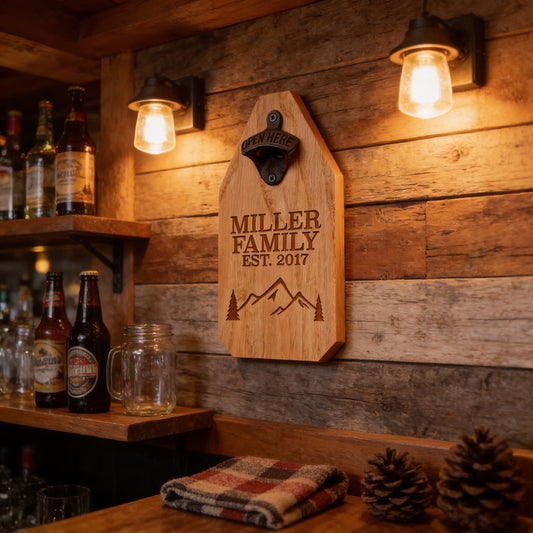 a rustic wooden wall with a wooden beer opener and a shelf displaying various bottles of beer.