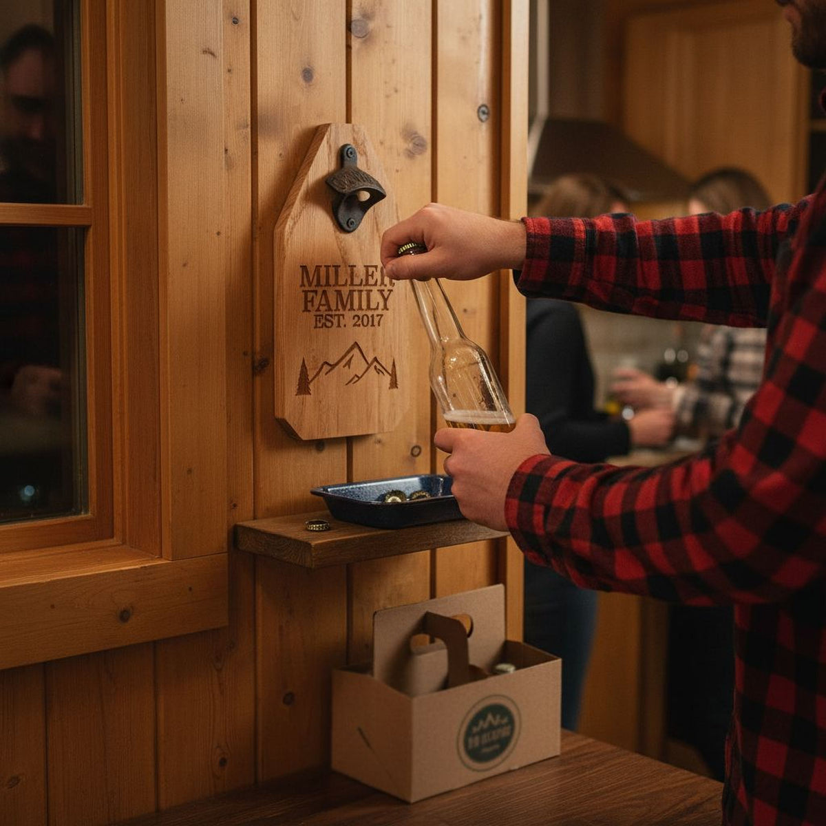 A person is using a beer bottle opener to open a beer bottle on a wooden shelf.