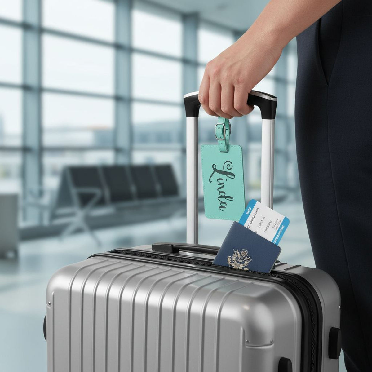A person's hand holding a silver suitcase with a green luggage tag attached, and a passport and boarding pass visible inside the suitcase.