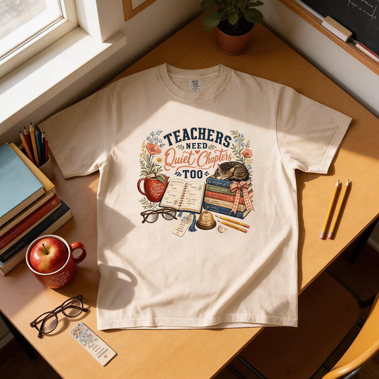 A white t-shirt with a colorful graphic design, including a cat, books, and other school supplies, is displayed on a wooden desk.