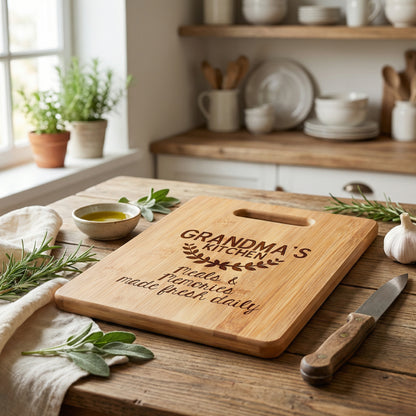 A wooden cutting board with the text "GRANDMA'S KITCHEN" engraved on it, surrounded by various kitchen utensils and ingredients, such as a knife, a bowl, and a potted plant.