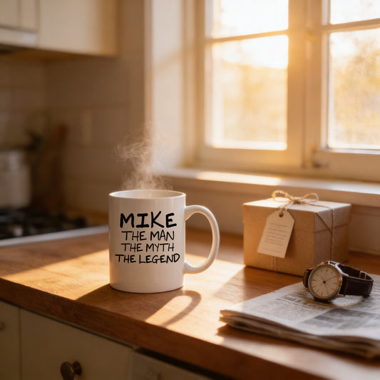 A white mug with the text "MIKE THE MAN THE MYTH THE LEGEND" printed on it, sitting on a wooden countertop next to a box of chocolates and a newspaper.