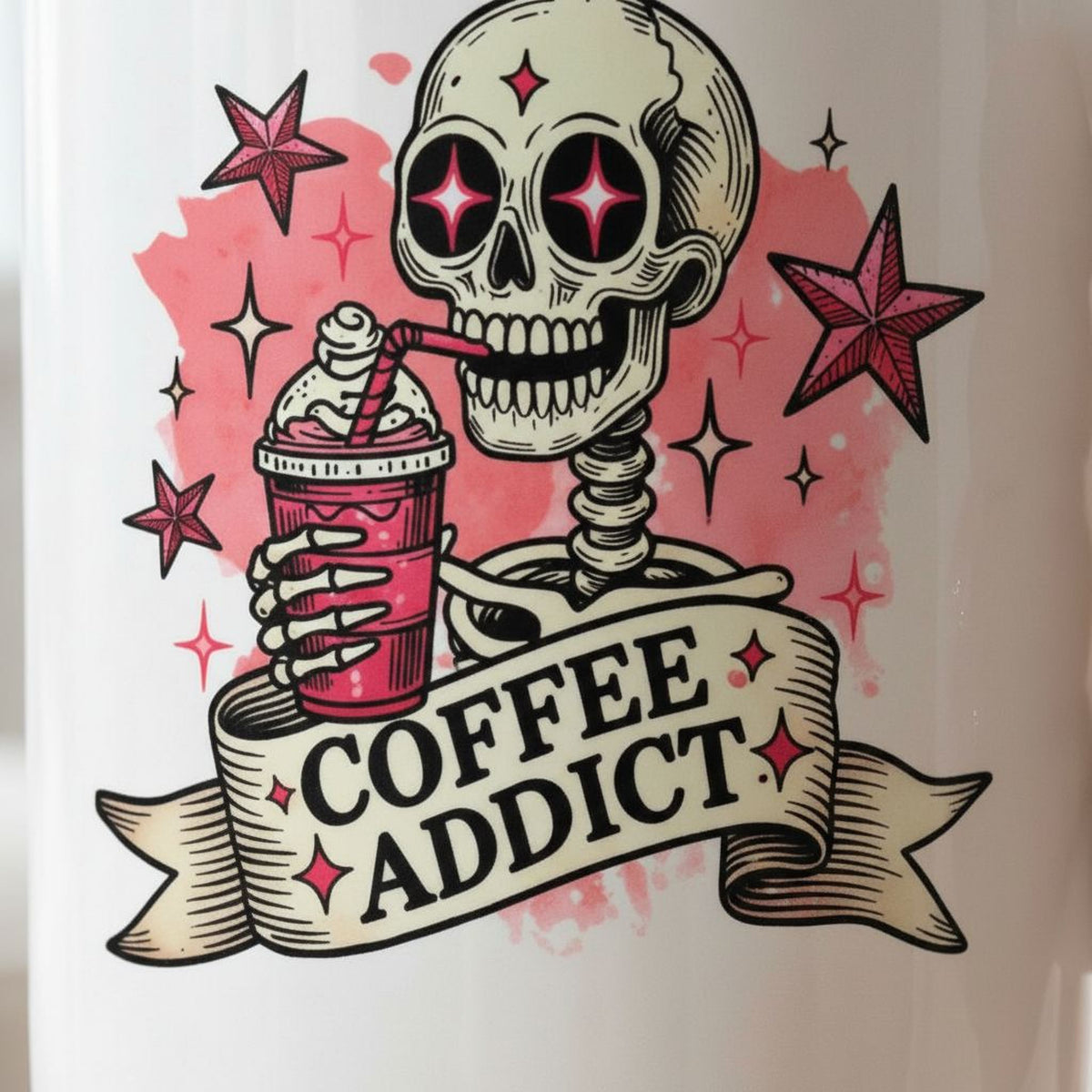 A skull wearing a skeleton costume is holding a pink drink and standing in front of a banner that says "COFFEE ADDICT".