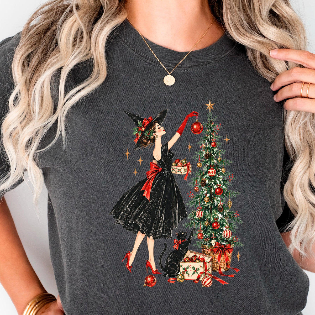 Vintage Christmas Witch Shirt, Elegant Witchy Christmas Tee for Her, Witch Decorating Tree with Black Cat, Retro Cottagecore Xmas Gift