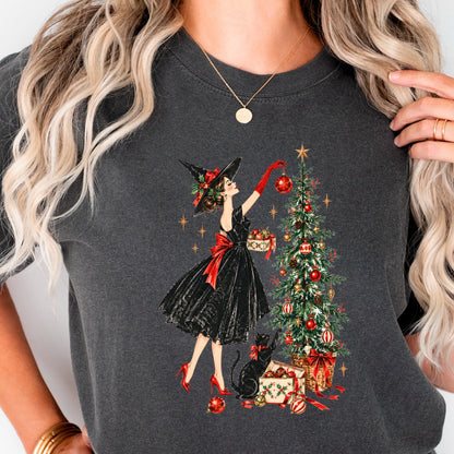 Vintage Christmas Witch Shirt, Elegant Witchy Christmas Tee for Her, Witch Decorating Tree with Black Cat, Retro Cottagecore Xmas Gift
