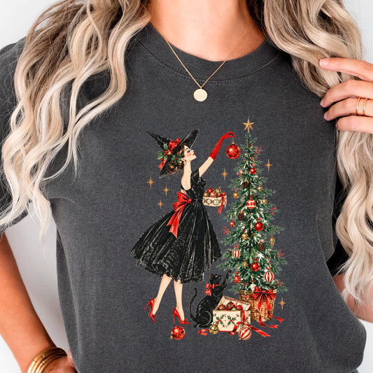 Vintage Christmas Witch Shirt, Elegant Witchy Christmas Tee for Her, Witch Decorating Tree with Black Cat, Retro Cottagecore Xmas Gift
