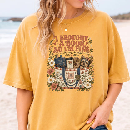 I Brought A Book So Im Fine Shirt, Funny Introvert Book Lover Tee, Books And Caffeine Reading Gift, Better Than Therapy Bookworm Dog Top