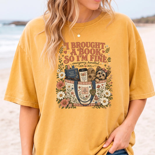 I Brought A Book So Im Fine Shirt, Funny Introvert Book Lover Tee, Books And Caffeine Reading Gift, Better Than Therapy Bookworm Dog Top