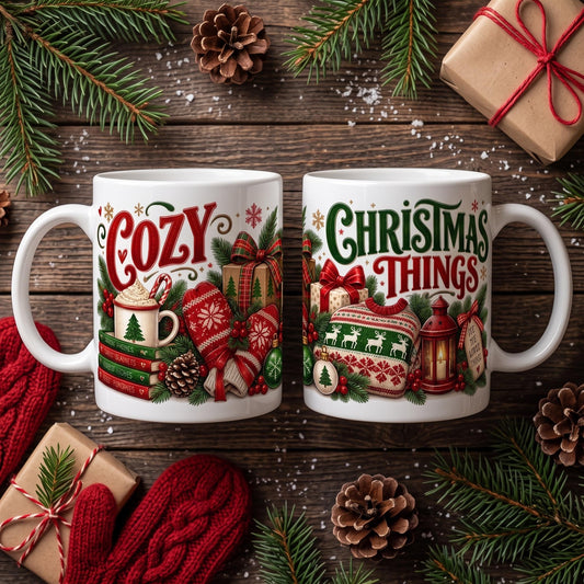 Cozy Christmas Mug, Vintage Holiday Book Lover 15oz Ceramic Gifts