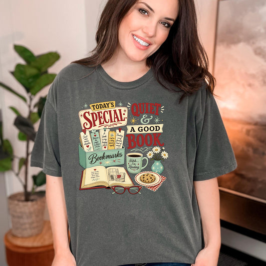 Quiet And A Good Book Shirt, Cozy Book Lover Coffee Tee, Shh Im Reading Bookworm Gift, Just One More Chapter Reading Top, Bookish Gift