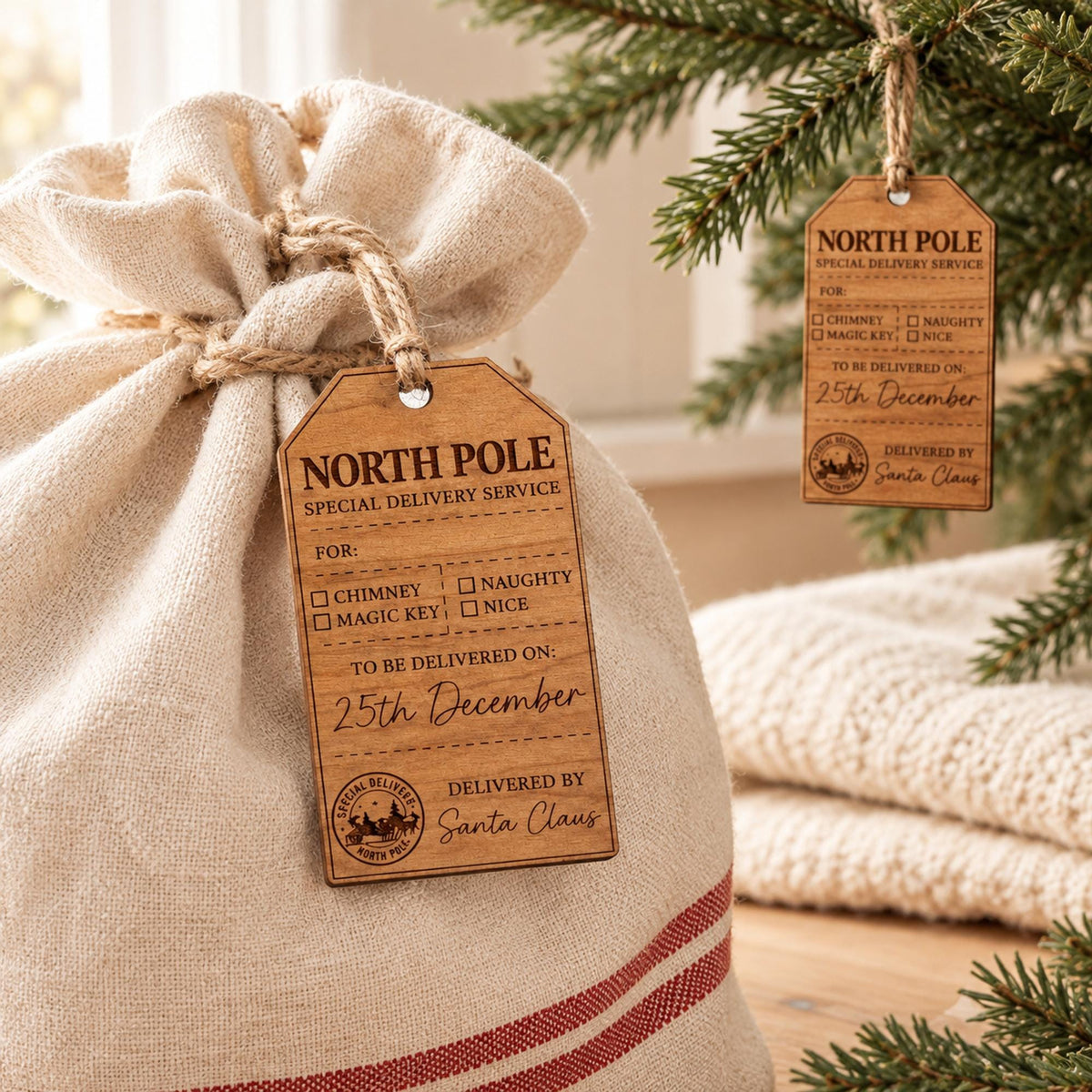 Personalized Santa Sack Tag, North Pole Special Delivery Wood Gift Tag, Custom Christmas Eve Box Tag, From Santa Keepsake, Stocking Tag