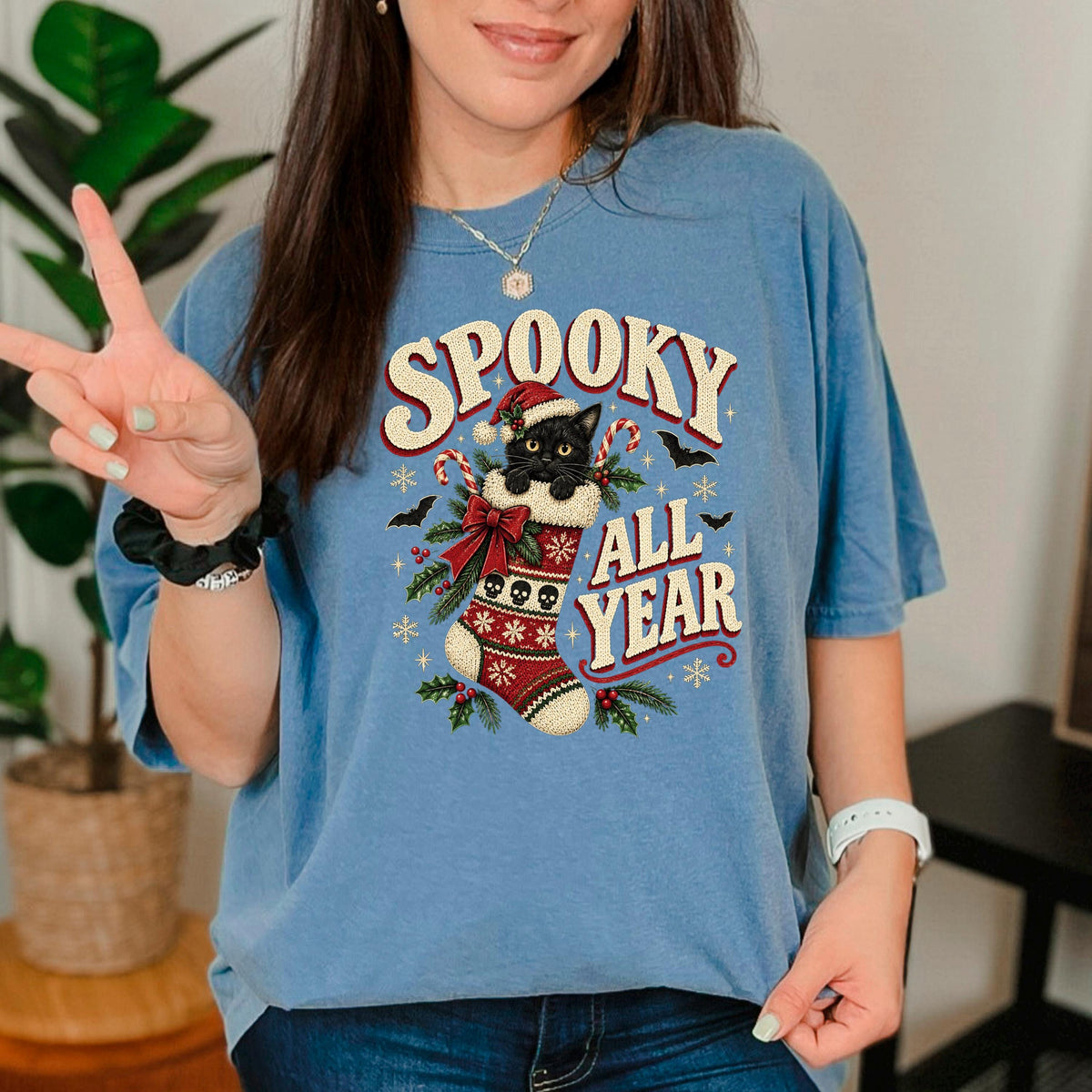 Spooky All Year Shirt, Black Cat Christmas Tee, Goth Christmas Shirt, Creepmas Spooky Christmas Cat Gift, Witchy Christmas Cat Lover Top