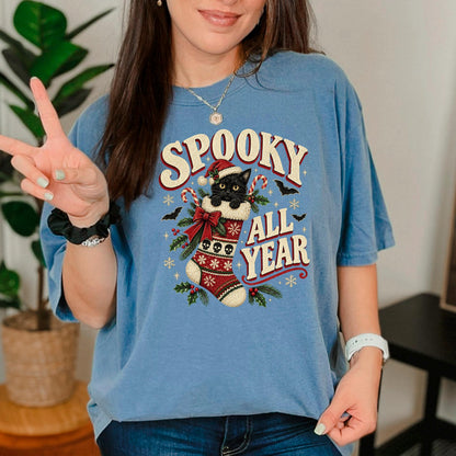 Spooky All Year Shirt, Black Cat Christmas Tee, Goth Christmas Shirt, Creepmas Spooky Christmas Cat Gift, Witchy Christmas Cat Lover Top