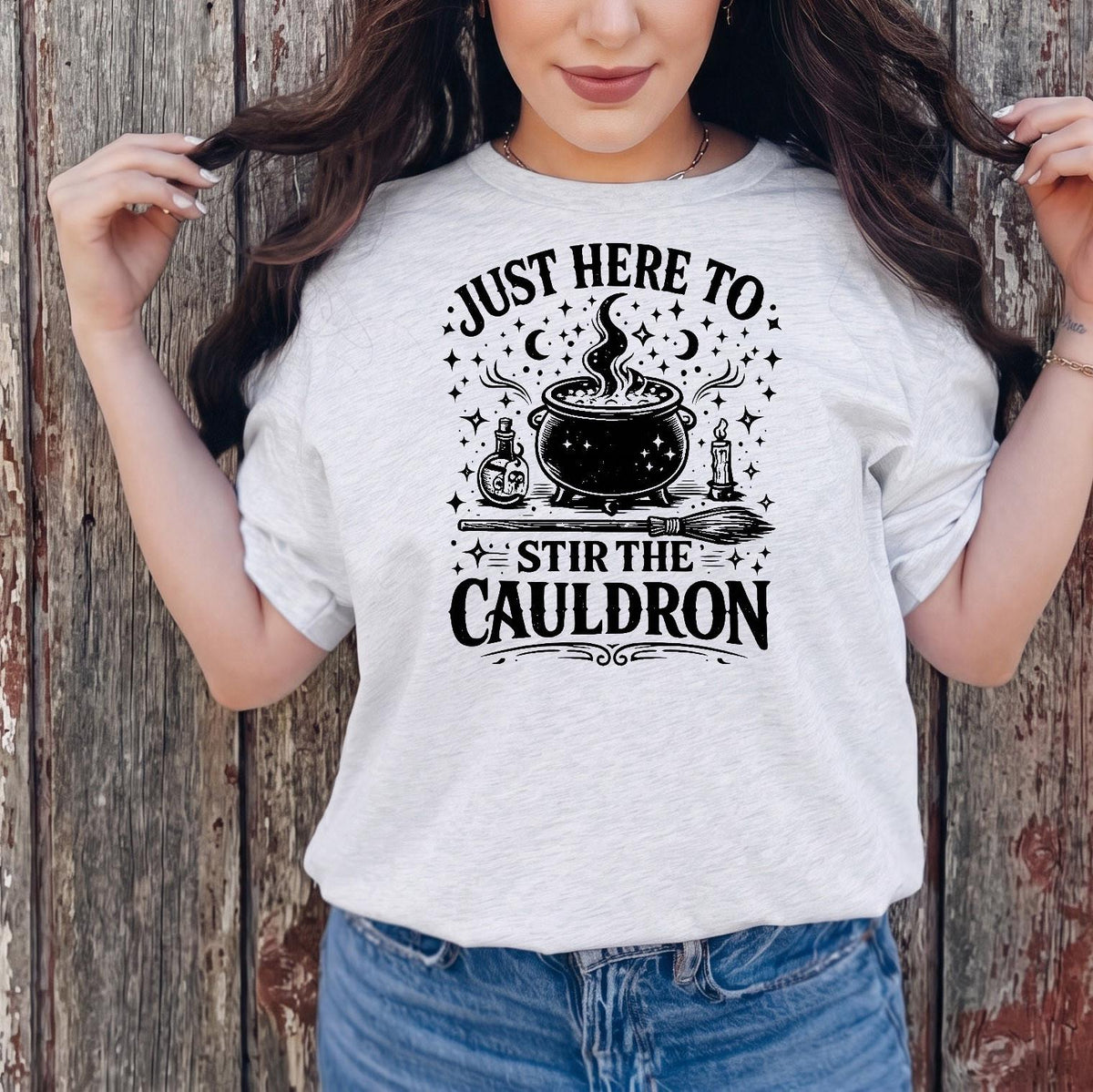 Bella Canvas Tee Just Here To Stir The Cauldron, Witch Cauldron Shirt, Funny Witch Shirt, Halloween Tshirt, Witchy Clothing Gift For Her