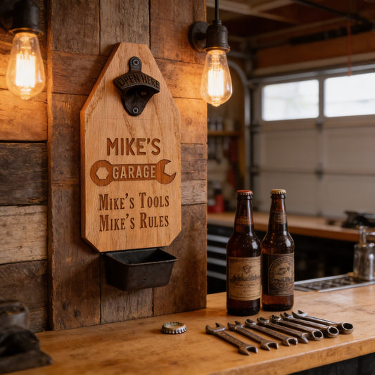 a wooden sign that reads "Mike's Garage Mike's Tools Mike's Rules" with a beer bottle opener attached to it. The sign is mounted on a wooden wall, and there are two beer bottles and a set of tools, including a wrench, on a counter in the foreground.
