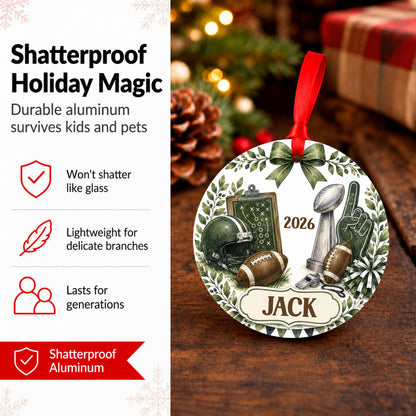Personalized Football Ornament, Custom Name Christmas Tree Decor, Sports Fan Gift, Aluminum Round, Kid Pet Friendly