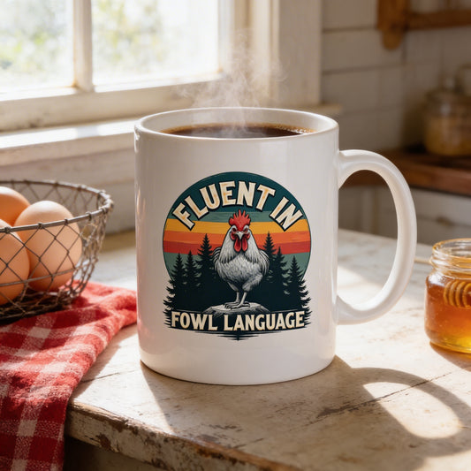 A white mug with a colorful graphic design featuring a rooster and the text "FLUENT IN FOWL LANGUAGE" on it, placed on a wooden table next to a basket of eggs and a jar of honey.