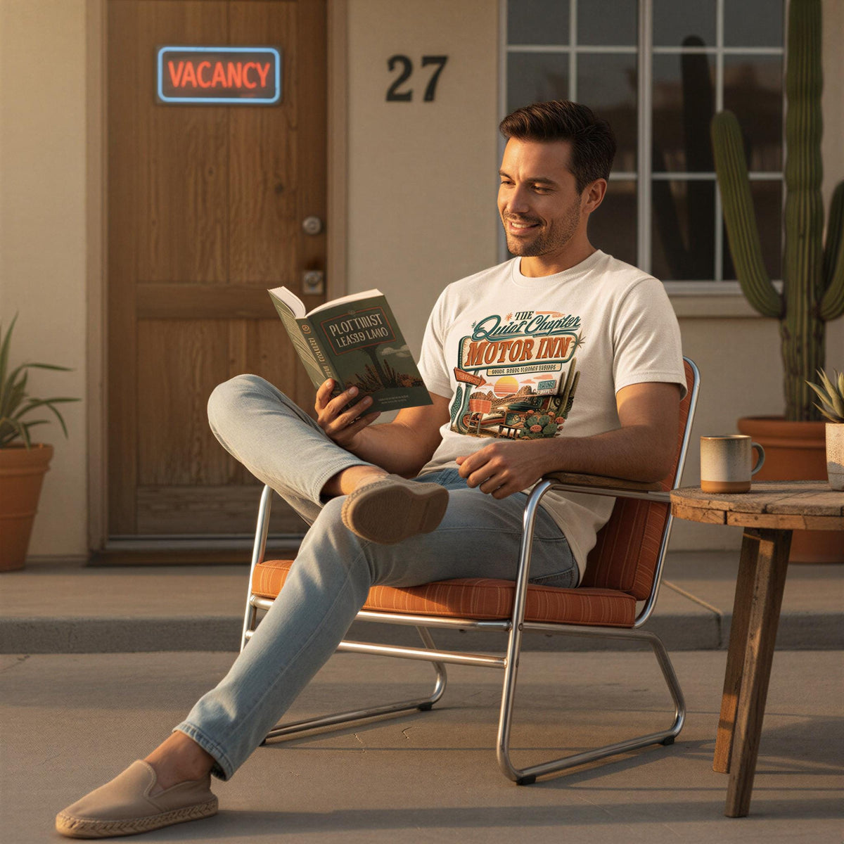 A man is sitting on a chair outside a building, reading a book titled "The Classic Motot Inn" while smiling.