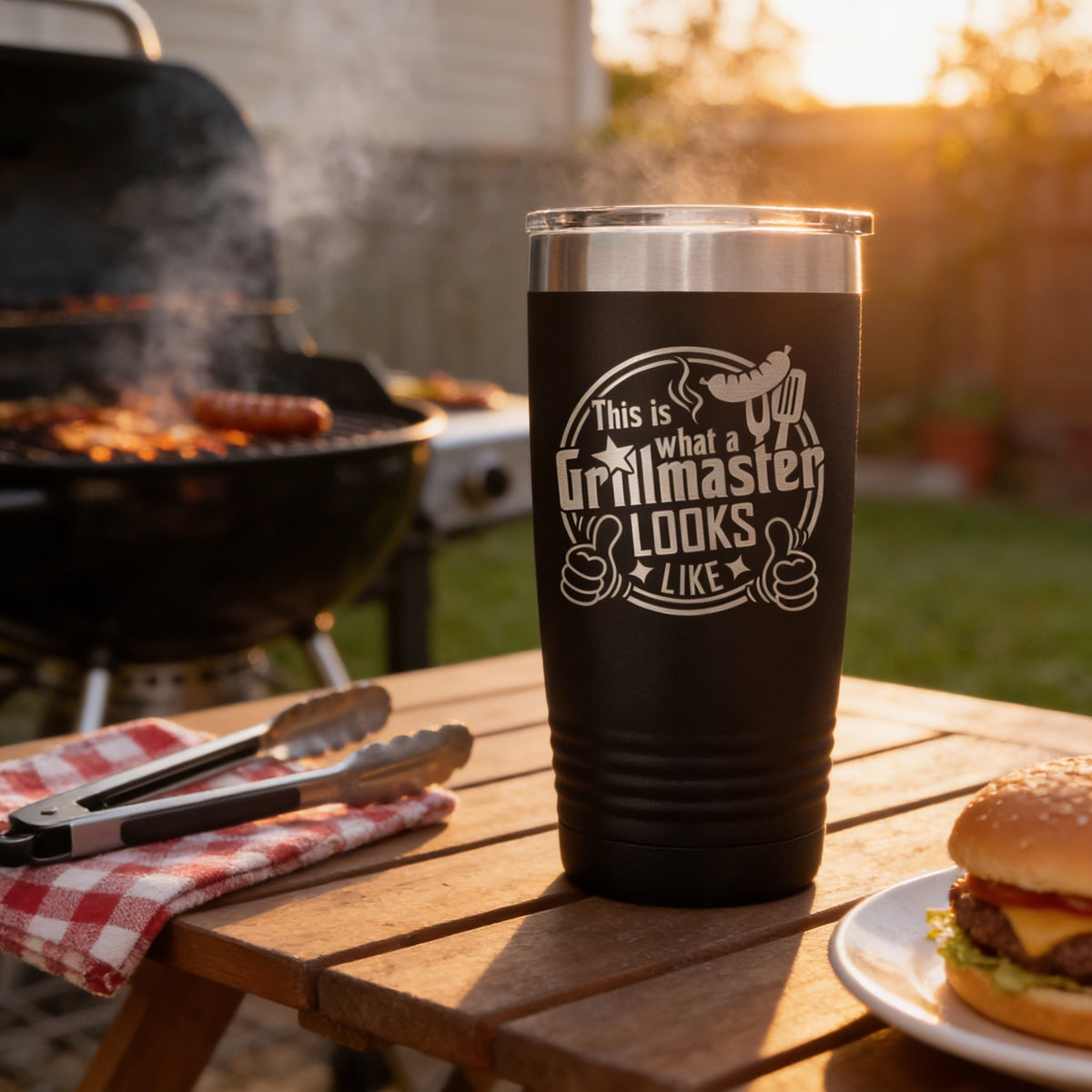 A black insulated tumbler with a humorous text printed on it, placed on a wooden table next to a burger and a pair of tongs. In the background, there is a barbecue grill with food being cooked, and the scene appears to be set during sunset.