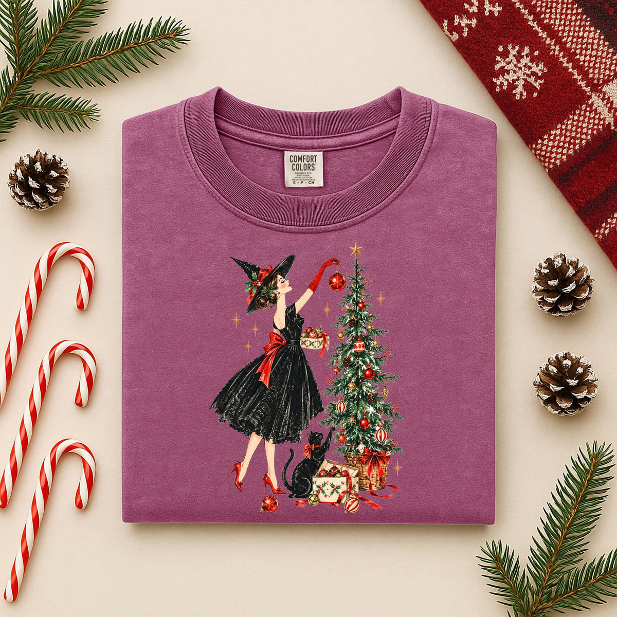 Vintage Christmas Witch Shirt, Elegant Witchy Christmas Tee for Her, Witch Decorating Tree with Black Cat, Retro Cottagecore Xmas Gift