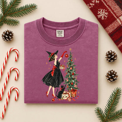 Vintage Christmas Witch Shirt, Elegant Witchy Christmas Tee for Her, Witch Decorating Tree with Black Cat, Retro Cottagecore Xmas Gift