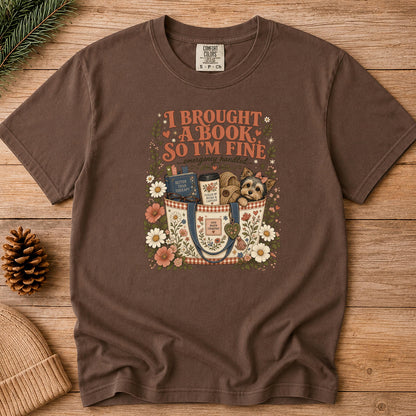 I Brought A Book So Im Fine Shirt, Funny Introvert Book Lover Tee, Books And Caffeine Reading Gift, Better Than Therapy Bookworm Dog Top
