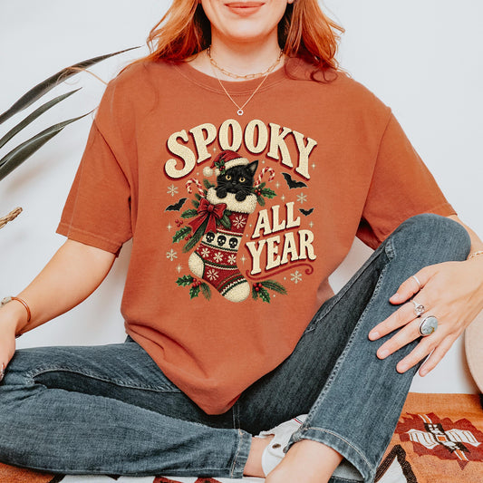 Spooky All Year Shirt, Black Cat Christmas Tee, Goth Christmas Shirt, Creepmas Spooky Christmas Cat Gift, Witchy Christmas Cat Lover Top