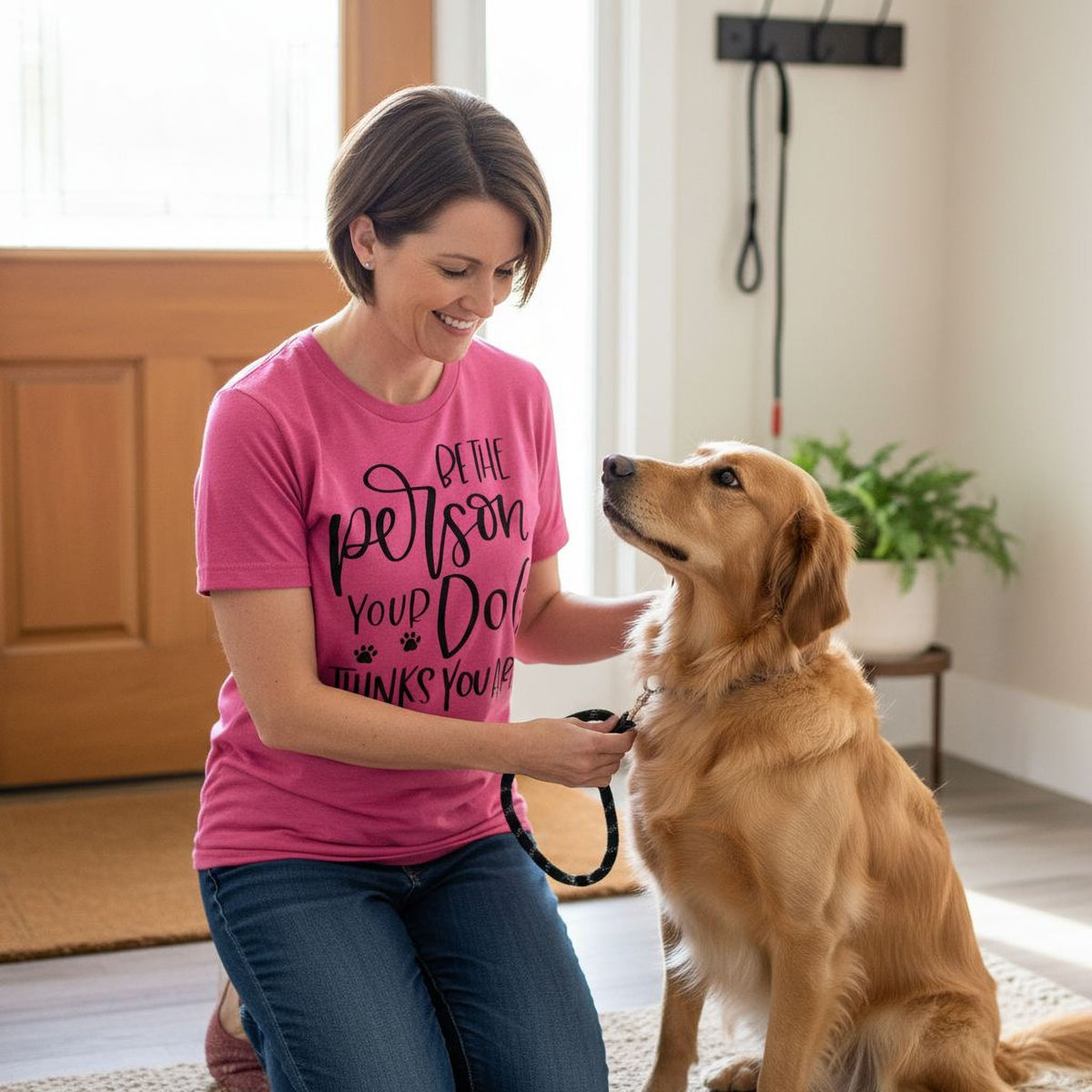 A woman in a pink t-shirt is kneeling down and petting a golden retriever dog in a room with a wooden door and a plant.