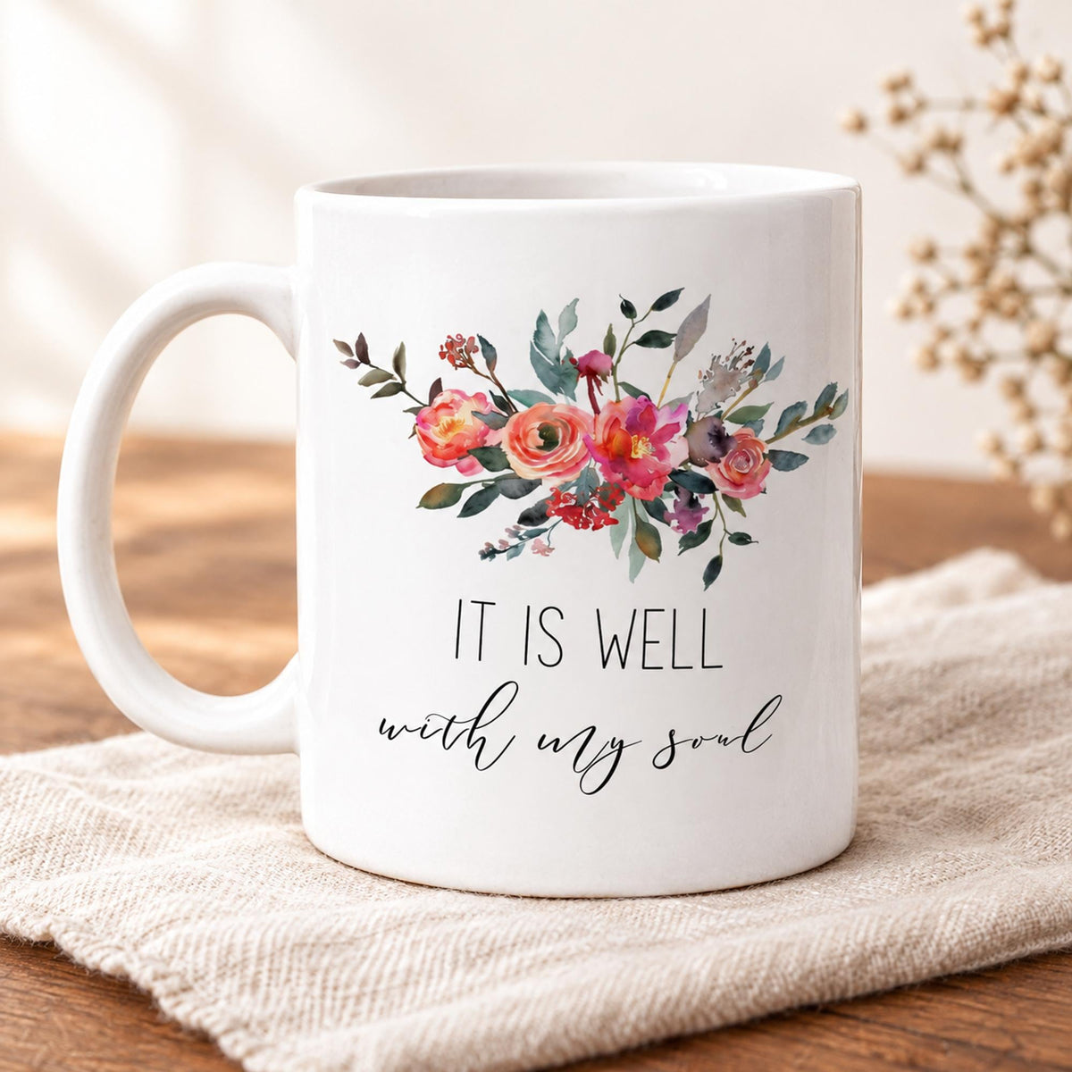 It Is Well With My Soul Mug, Floral Christian Coffee Mug, Scripture Bible Verse Mug, Inspirational Faith Gift for Women, Religious Gift