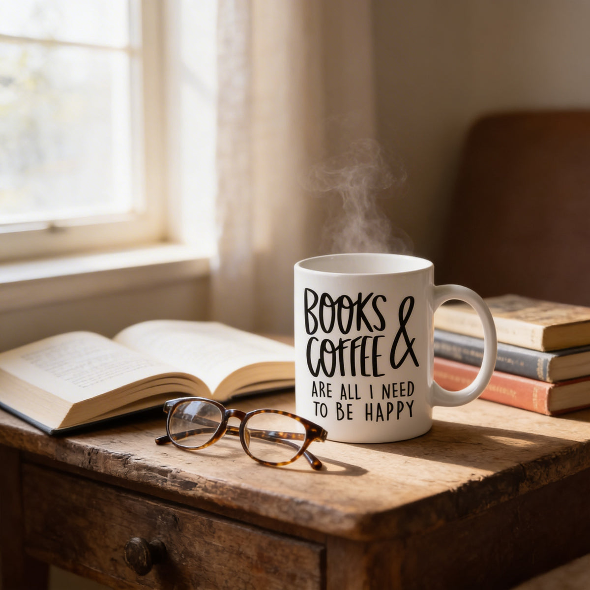 A mug with the text "Books & Coffee are all I need to be happy" sits on a wooden table next to a pair of glasses and a stack of books.