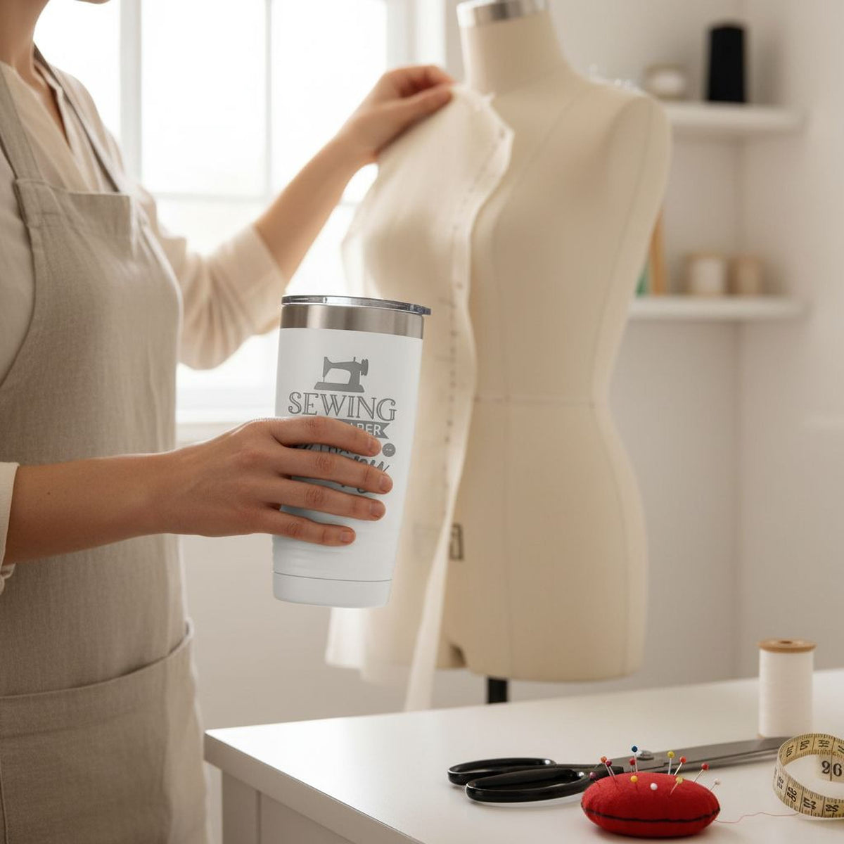 A person is holding a white tumbler with the word "Sewing" printed on it, standing in front of a sewing machine and sewing supplies.