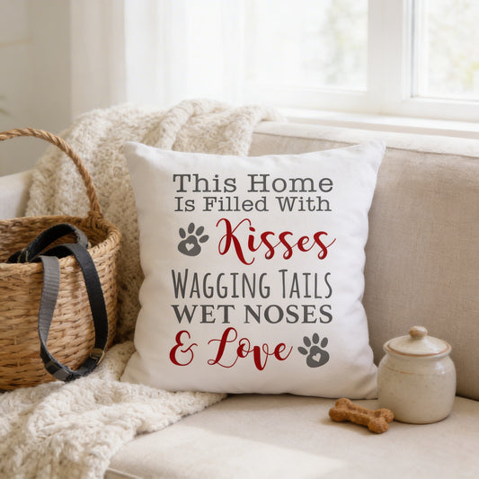 A white throw pillow with text that reads "This Home Is Filled With Kisses, Wagging Tails, Wet Noses & Love" is placed on a couch next to a woven basket and a small ceramic dish.
