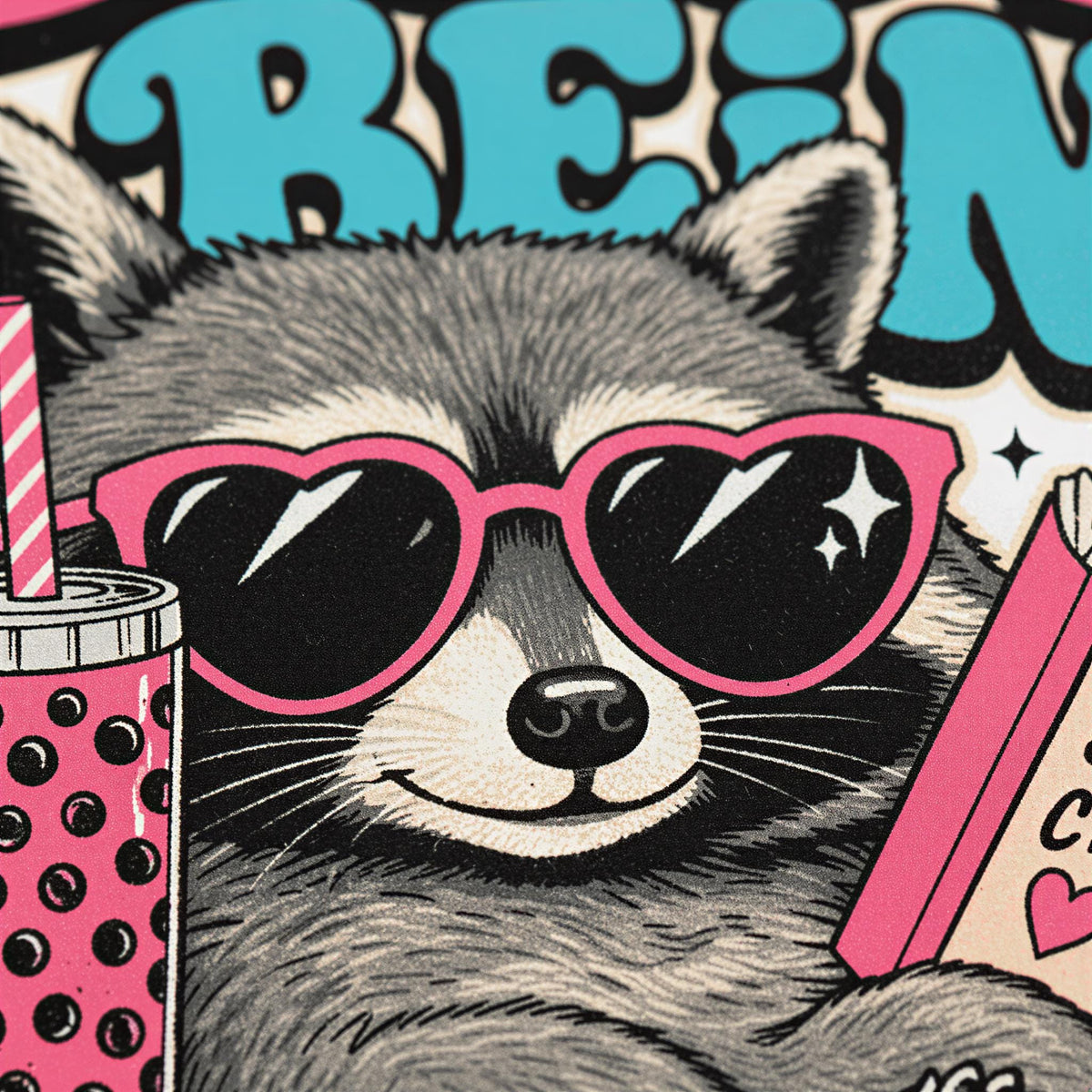 A raccoon wearing sunglasses and holding a drink, with a heart-shaped star on its eyes, and the word "BEAN" written in the background.