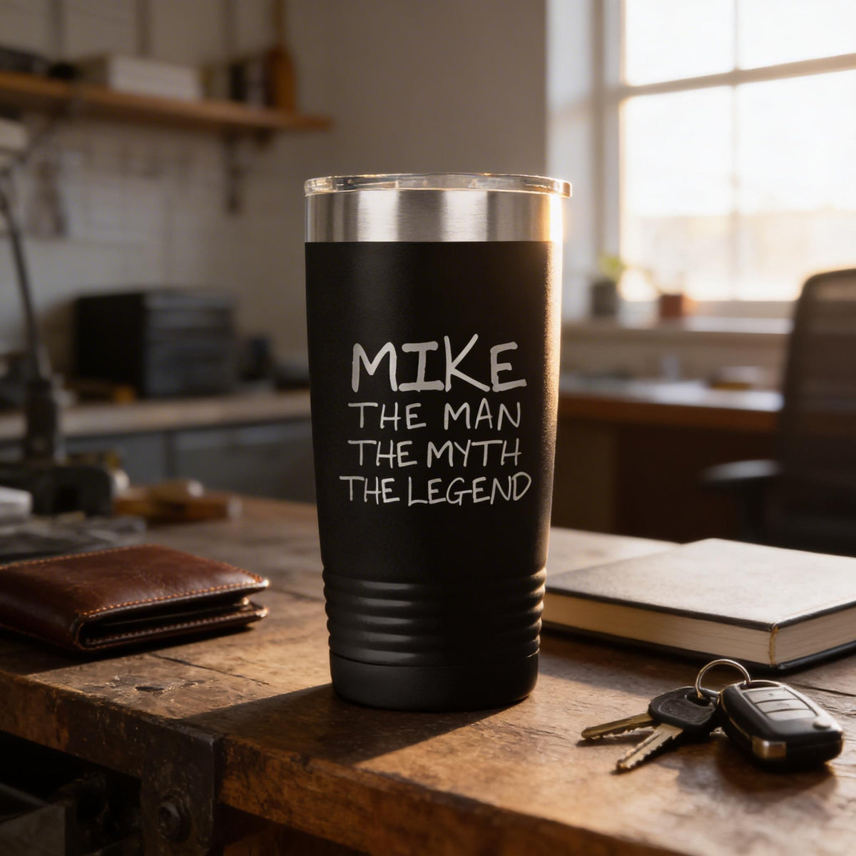 A black tumbler mug with white text that says "MIKE THE MAN THE MYTH THE LEGEND" is sitting on a wooden table, with a wallet, keys, and a book nearby.