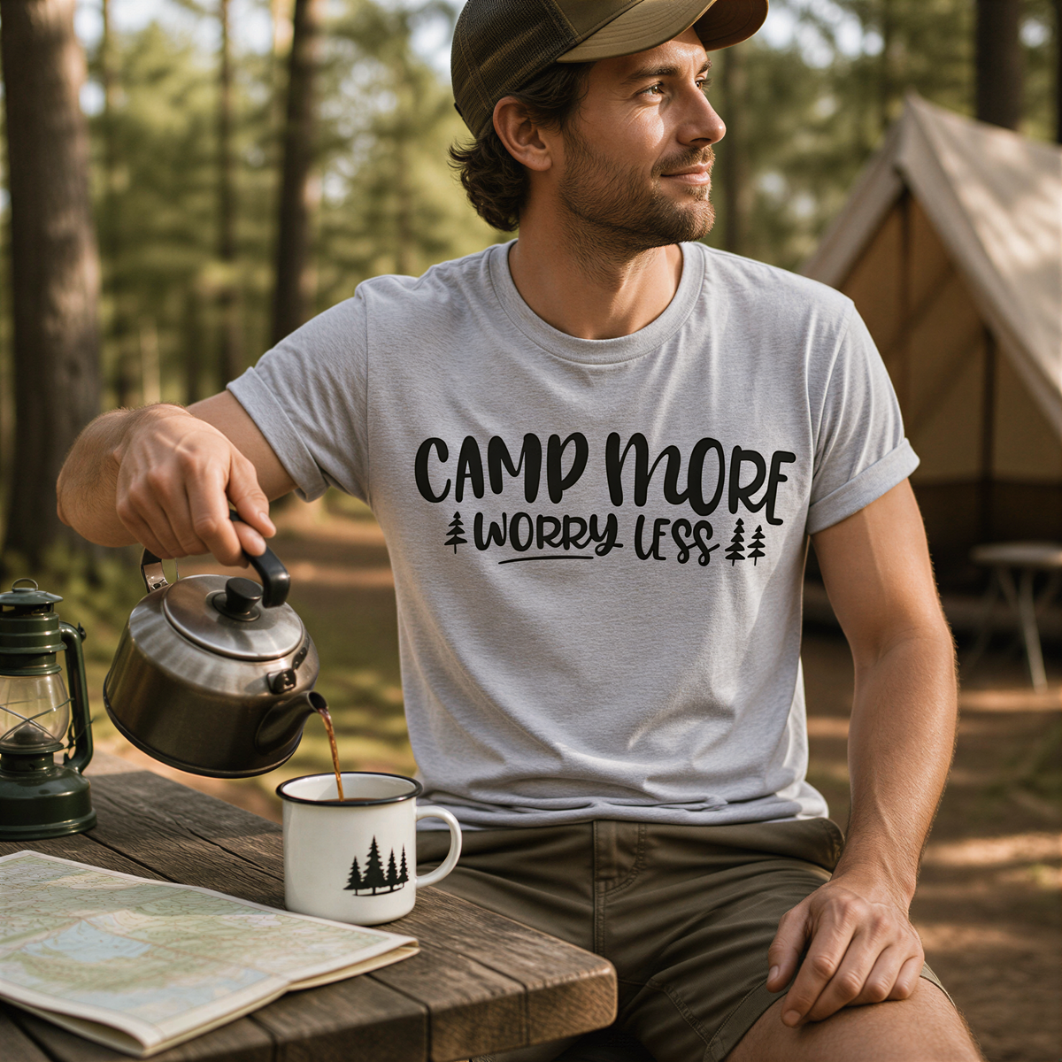 A man is sitting outdoors, pouring a hot beverage from a kettle into a mug, with a map and lantern nearby.
