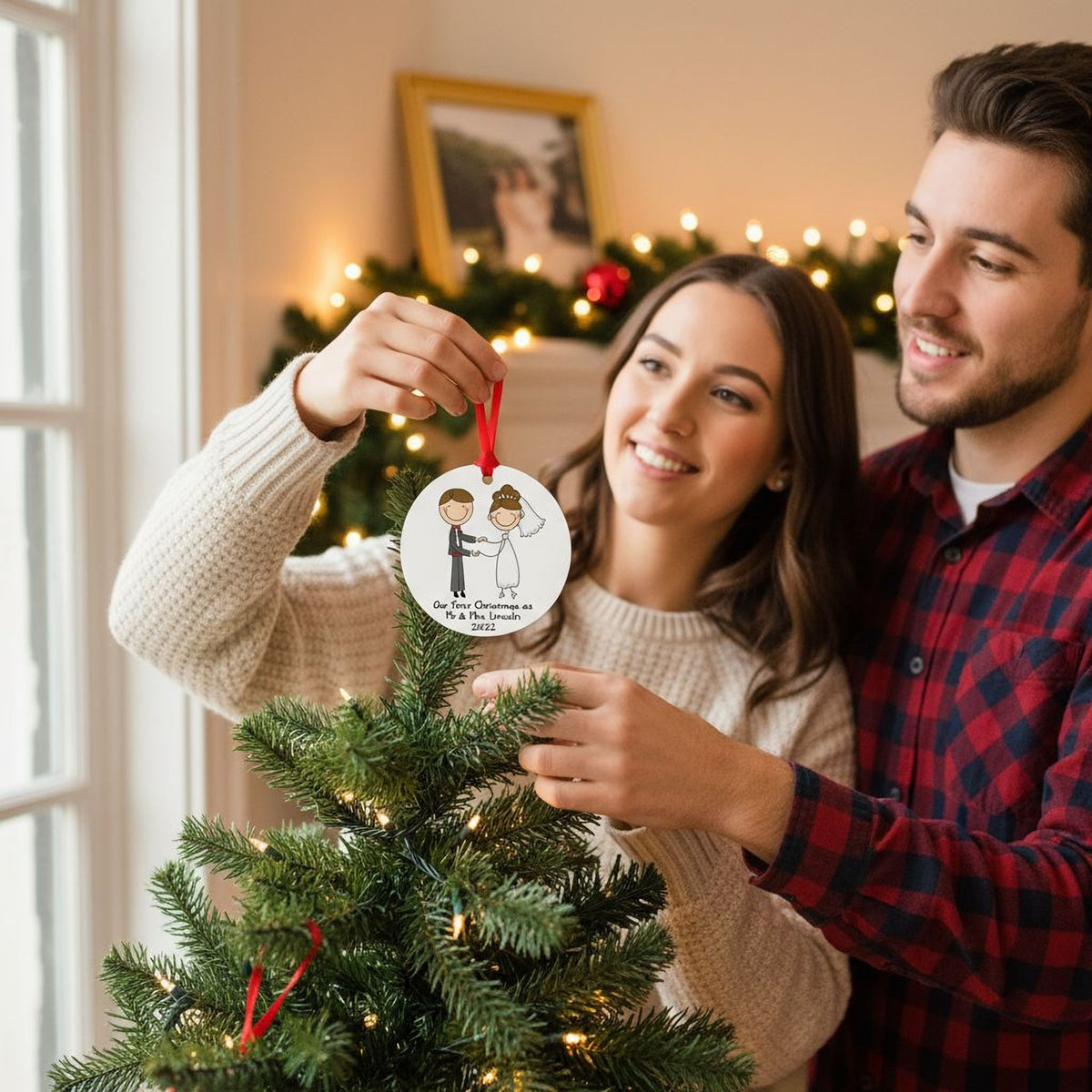 A man and a woman are decorating a Christmas tree together, with the woman holding a small ornament that features a couple.