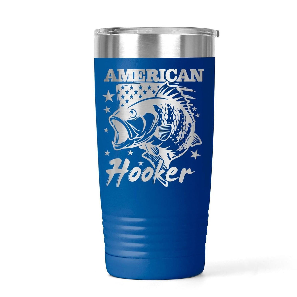 A blue tumbler with a silver lid and a printed design featuring a fish and stars.