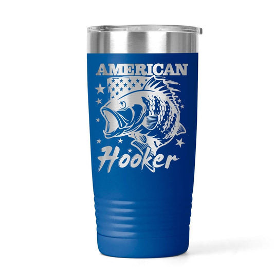 A blue tumbler with a silver lid and a printed design featuring a fish and stars.