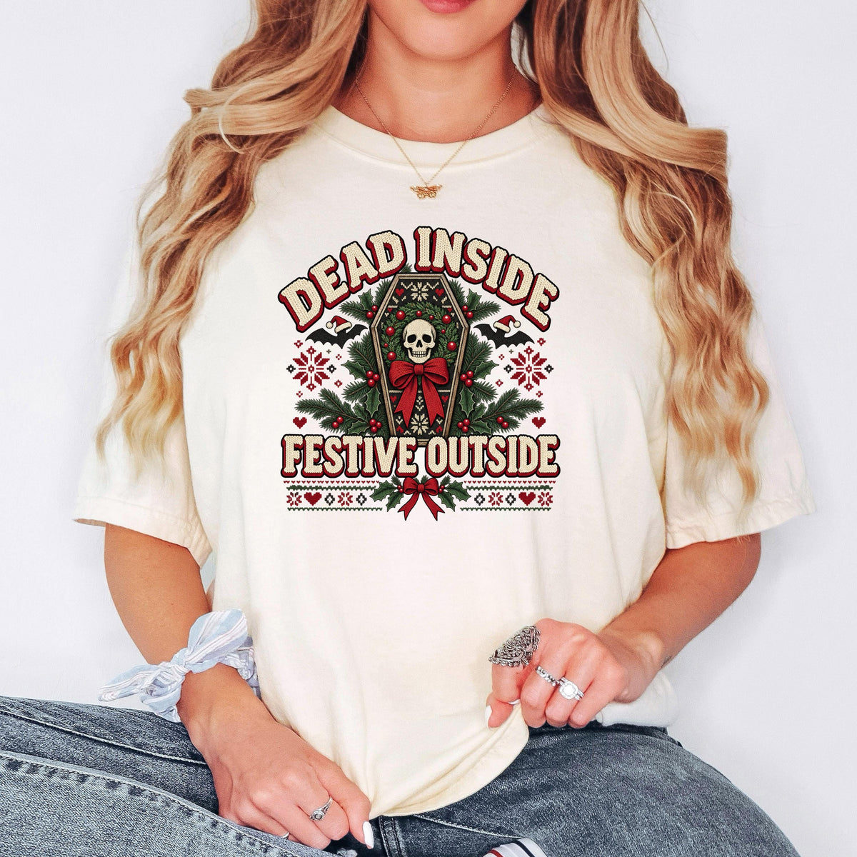 Dead Inside Festive Outside Shirt, Goth Christmas Tee, Funny Skeleton Christmas Shirt, Spooky Ugly Christmas Sweater Style, Creepmas Gift