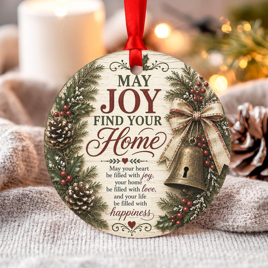 Christmas Ornament May Joy Find Your Home, Holiday Decor, Rustic Farmhouse Style, Pinecone Berry Bell, Gift Boxed