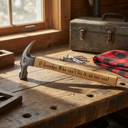 A hammer with a personalized message rests on a wooden workbench, accompanied by a toolbox and a red and black plaid cloth.
