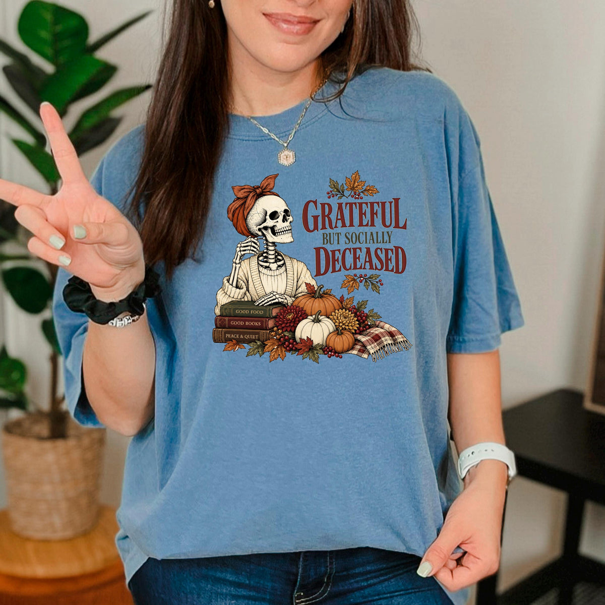 Grateful But Socially Deceased Shirt, Introvert Book Lover Tee, Funny Fall Skeleton Shirt, Bookish Fall Gift, Homebody Reading Top