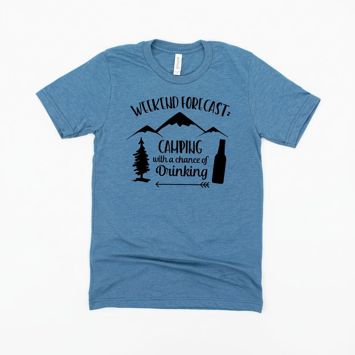 A blue t-shirt with a graphic design that says "Weekend forecast: Camping with a chance of drinking" along with silhouettes of trees and mountains.