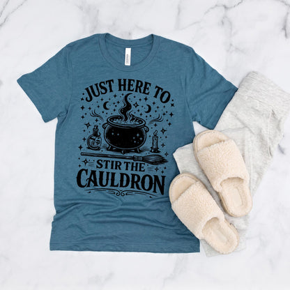 Bella Canvas Tee Just Here To Stir The Cauldron, Witch Cauldron Shirt, Funny Witch Shirt, Halloween Tshirt, Witchy Clothing Gift For Her