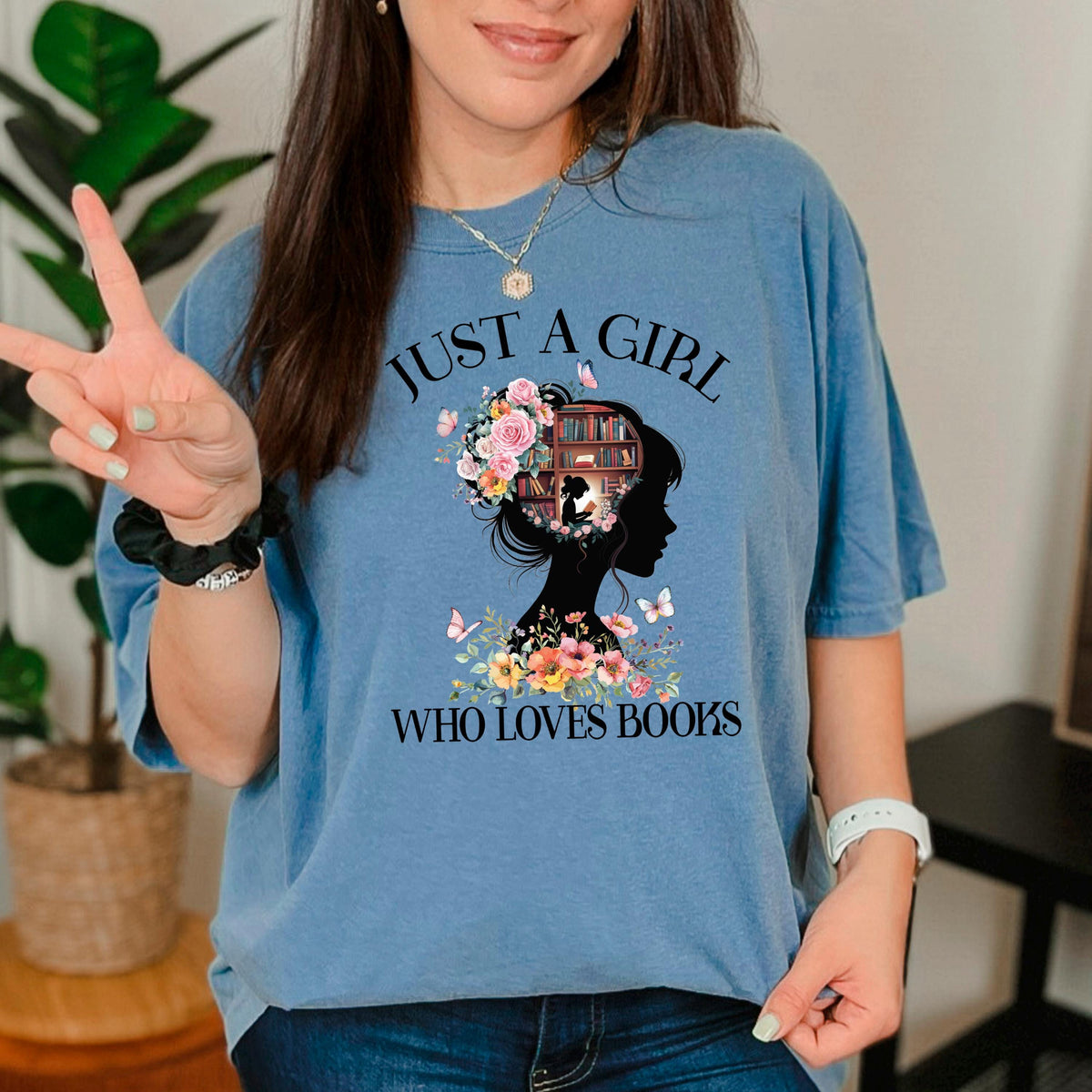 Book Lover Shirt, Floral Bookish Tee, Comfort Colors Washed Blue Unisex L