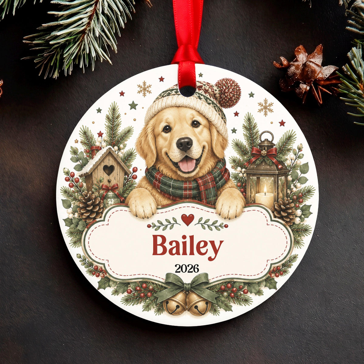 Personalized Golden Retriever Christmas Ornament, Custom Dog Name Ornament, Pet Memorial Gift, Puppy's First Christmas