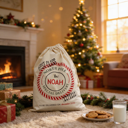 A festive Christmas scene with a decorated Christmas tree, a fireplace, and a bag of cookies on the floor.
