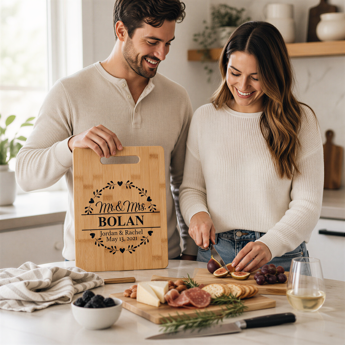A man and a woman are standing in a kitchen, smiling and holding a wooden cutting board with the text "Mr & Mrs Bolan" and the date "May 13, 2020". They are surrounded by various food items, including cheese, crackers, grapes, and a bowl of fruit.