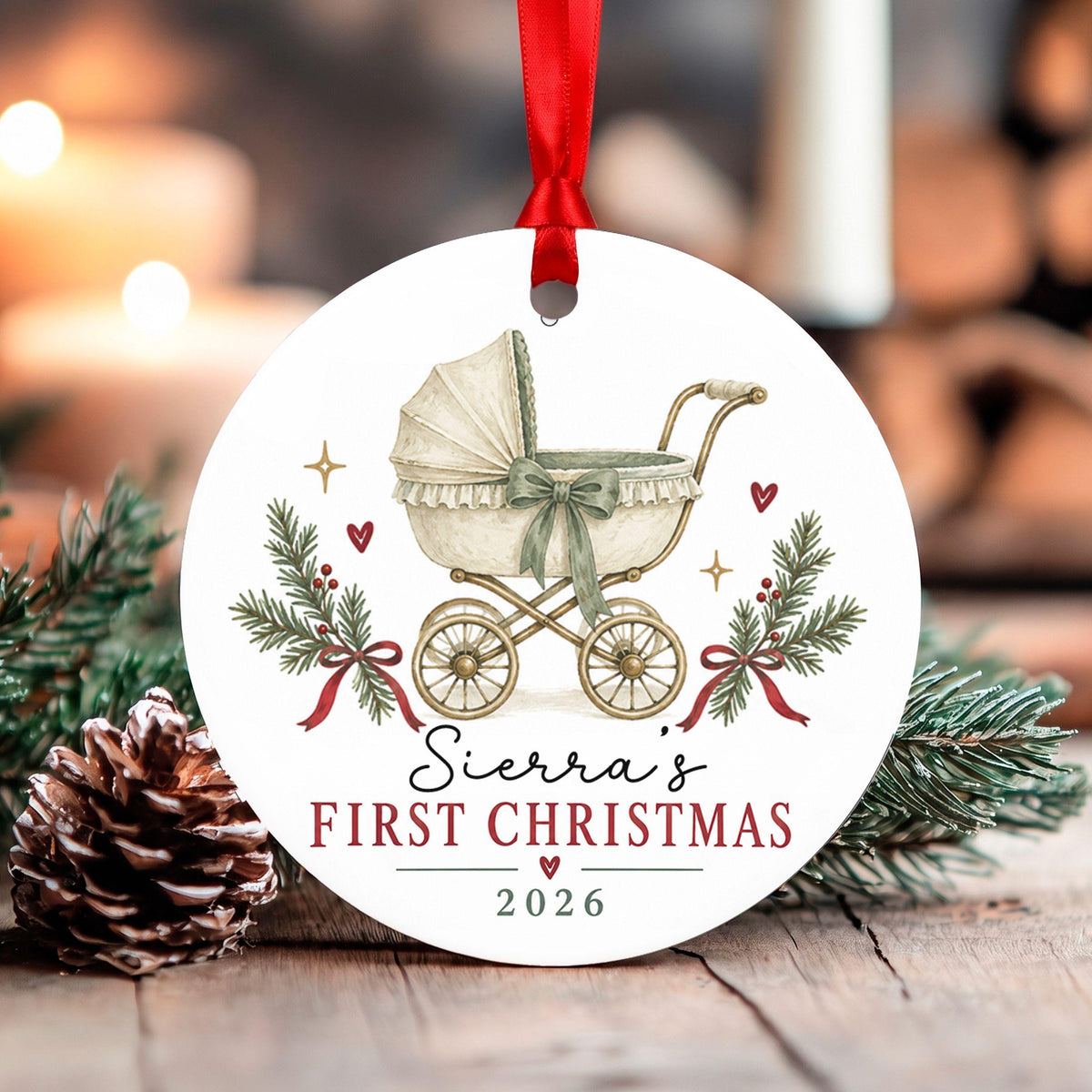 Baby's First Christmas Ornament Personalized, New Baby Stroller Keepsake, Custom Name 2026 Holiday Gift, Newborn Xmas Decor